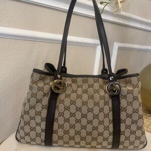 Gucci canvas two tone silver gold GG hardware brown leather